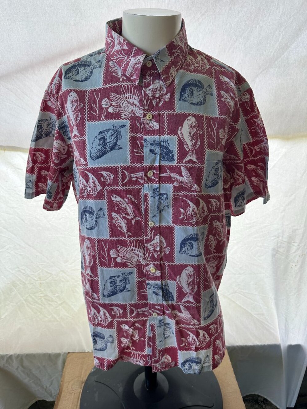 Vintage Kai Nam Men's Ocean Fish Pattern Red Hawaiian Shirt XL Aloha Button Fron